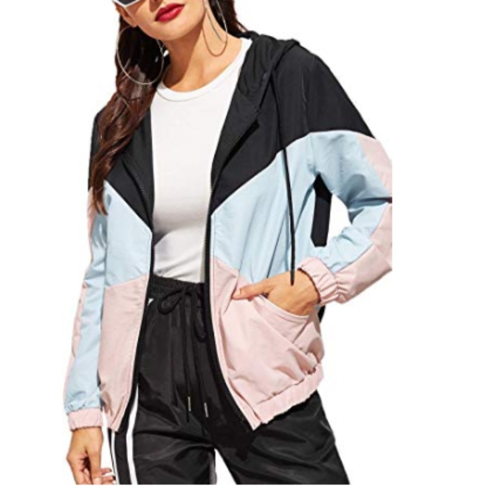 Zipper Bomber Color Block Hooded Sporty Jacket